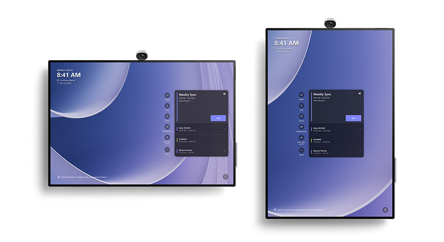 横向 50 英寸 Surface Hub 3 和纵向 50 英寸 Surface Hub 3,演示了智能旋转。